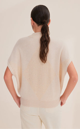 Camel cashmere short-sleeve sweater from back, mock neck, diamond sequin motif