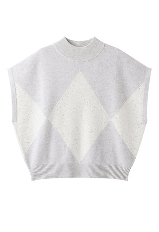 Light gray cashmere short-sleeve knit sweater flat lay, mock neck, diamond sparkle front