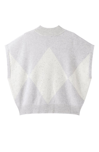 Light gray cashmere short-sleeve knit sweater flat lay, back with diamond sparkle motif