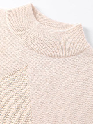 Camel cashmere short-sleeve sweater neckline close-up, ribbed mock neck and knit texture