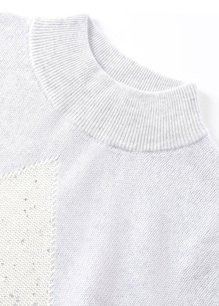 Light gray mock neck of cashmere short-sleeve knit sweater with ribbed trim