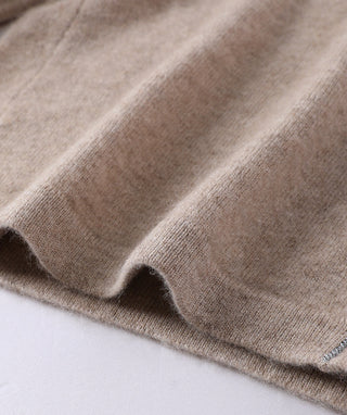 Camel cashmere knit fabric and cuff seam detail at pant hem