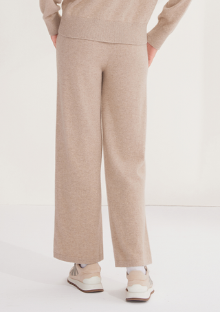 Camel cashmere knit pants, straight wide-leg silhouette with stitched side trim