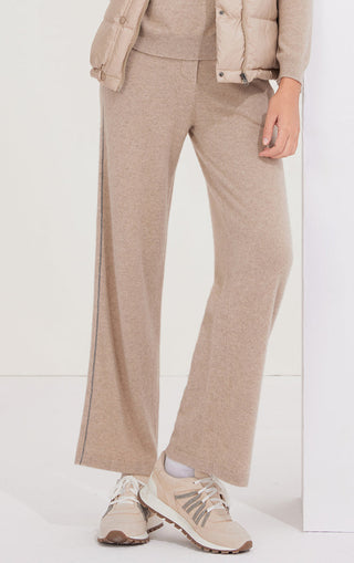 Camel cashmere knit pants with beaded side seam stripe, wide-leg fit
