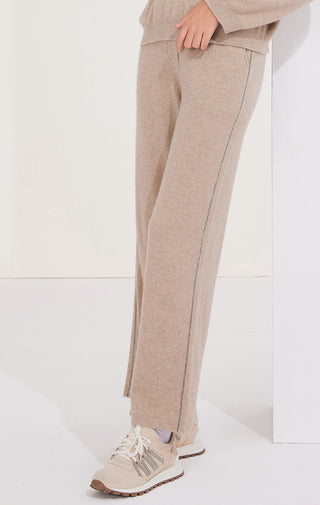 Camel cashmere knit pants showing side panel with beaded seam detail