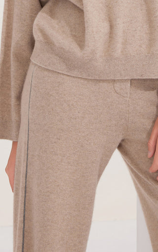 Camel cashmere knit pants with contrast beaded side seam trim along leg