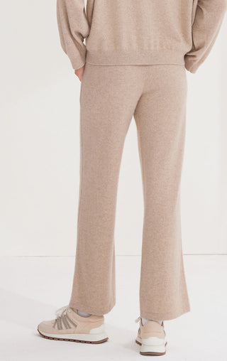 Camel cashmere knit pants with wide hem and beaded side seam detail