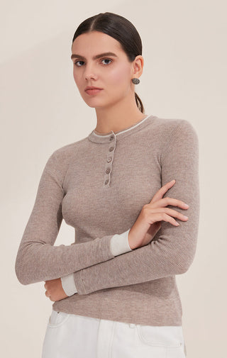 Taupe long-sleeve henley top with front button placket and crew neckline in rib knit