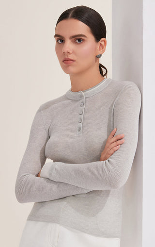 Light gray long-sleeve henley top with ribbed knit and button-front placket