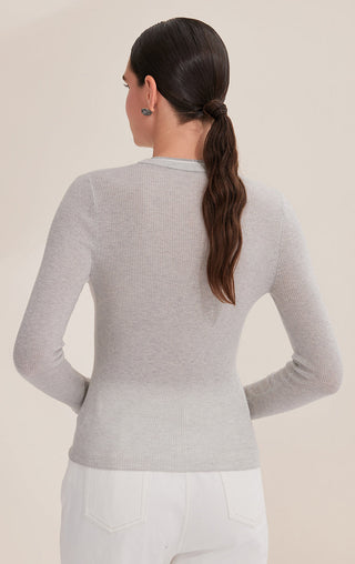 Light gray fine ribbed henley top, back view with long sleeves