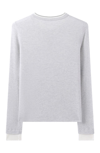 Light gray ribbed knit henley top back view, long sleeves