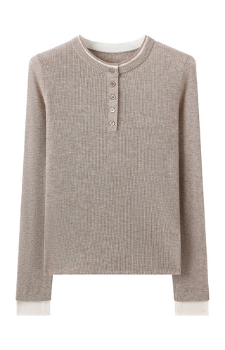 Flat lay of taupe henley sweater top with button placket, rib knit cuffs, and crew neck