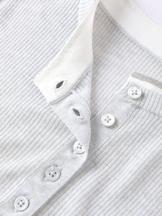 Light gray ribbed henley: four-button placket detail at crew neckline