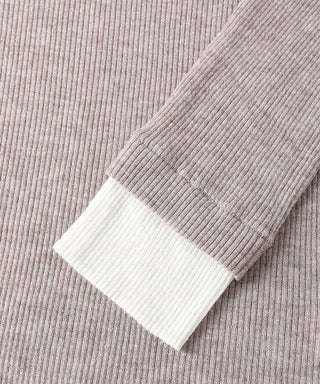 Taupe henley cuff and hem rib detail with contrasting light band at sleeve opening