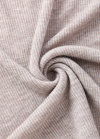 Taupe wool-blend knit texture close-up showing fine ribbed weave and soft drape