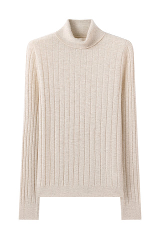 Camel ribbed cashmere turtleneck sweater laid flat, full front view