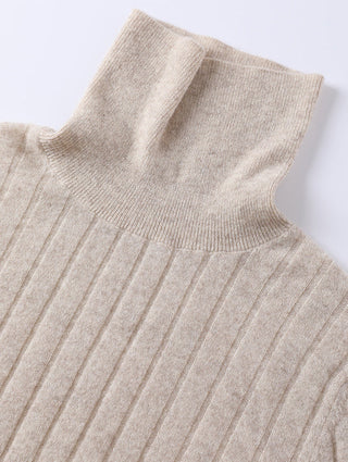 Camel cashmere turtleneck sweater close-up of ribbed collar and upper chest