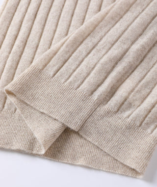 Camel ribbed cashmere turtleneck sweater cuff and hem close-up