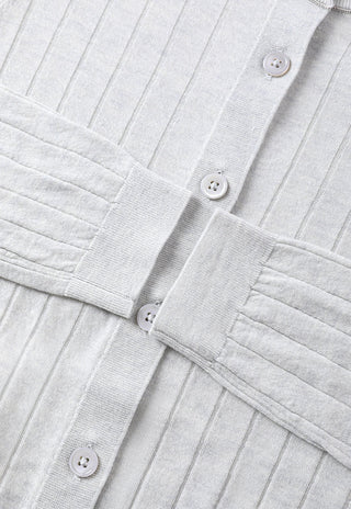 Gray-blue cardigan hem and button panel with textured vertical ribbed knitting