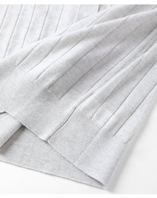 Gray-blue cardigan sleeve cuff and hem with ribbed knit and vertical stripe texture