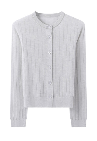 Gray-blue wool-blend cardigan with button front, ribbed vertical knit, crew neckline