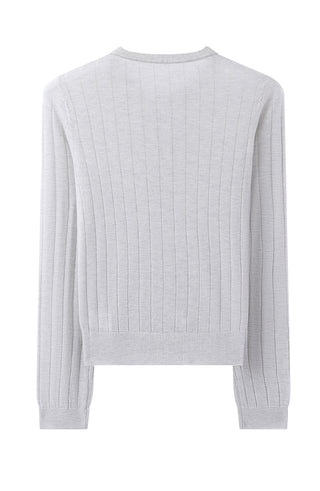 Back view of gray-blue wool-blend cardigan with ribbed vertical knit pattern