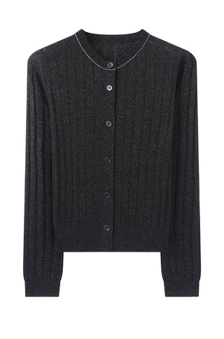 Black wool-blend cardigan with subtle sparkle, ribbed texture, button front, crew neck