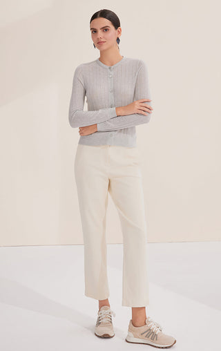 Gray-blue wool-blend cardigan with button front and ribbed vertical knit pattern