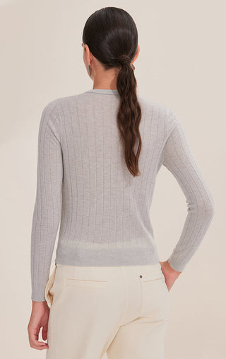Back view of gray-blue wool-blend cardigan with ribbed vertical knit and fitted hem