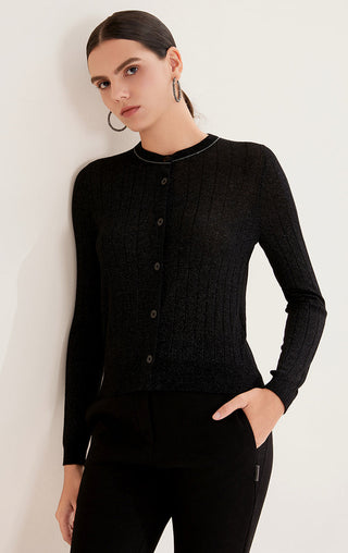 Black wool-blend cardigan with button front and ribbed cuffs