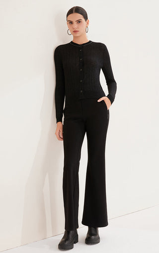 Black wool-blend cardigan, long sleeves, button front, ribbed hem
