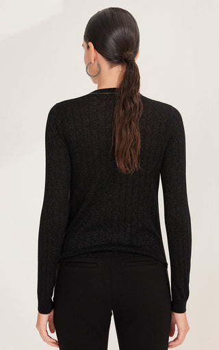 Black wool-blend cardigan back view, long sleeves, textured sparkle knit