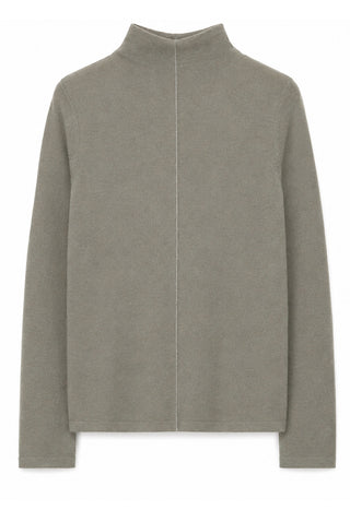 Cashmere turtleneck sweater in muted green-gray, long sleeves, ribbed collar