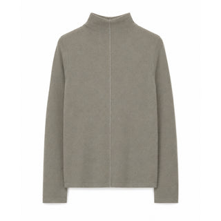Cashmere turtleneck sweater front view, muted green-gray, long sleeves, ribbed collar