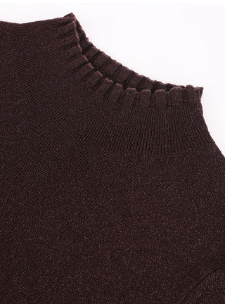 Close-up of brown high neckline ribbing on lightweight knit top