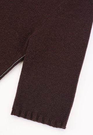 Brown knit top hem with subtle knit texture, half sleeves
