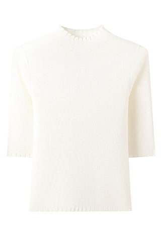 Flat lay of white wool blend lightweight knit top with half sleeves and crew neck