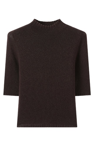 Brown knit top flat lay with high neck and short sleeves