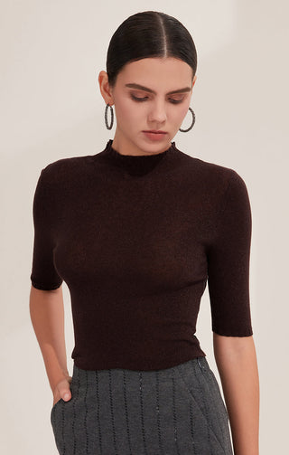 Brown wool blend knit top with half sleeves and high neck, fitted silhouette