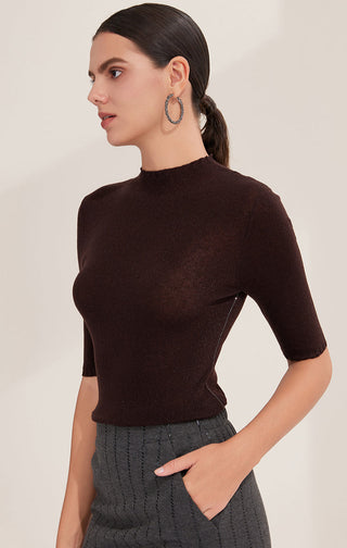 Brown wool blend knit top with high neck and half sleeves, side profile view