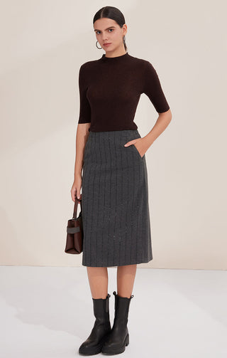 Brown half-sleeve knit top with high neck, slightly fitted at waist