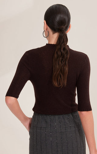 Brown knit top with high neckline and half sleeves, back view