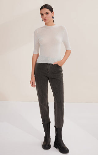 Wool blend lightweight knit top, white with half sleeves; crew neckline and straight hem