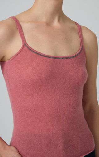 Rose pink cashmere knit camisole close-up of scoop neck and contrast trim straps.