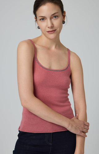 Cashmere knit camisole rose pink, front view with scoop neckline and contrast trim.