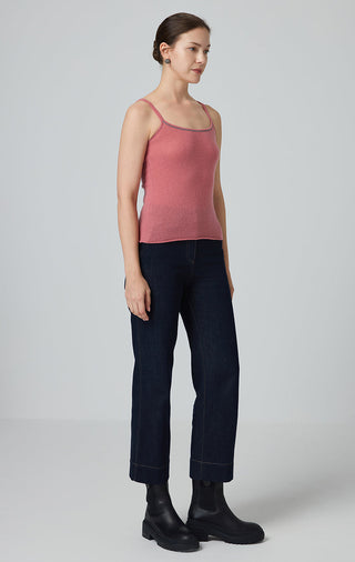Rose pink cashmere knit camisole, full-length view showing sleeveless fit and hem.