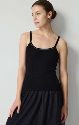 Cashmere knit camisole in black, sleeveless scoop neck with contrast trim.