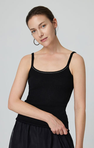Black cashmere knit camisole front view, scoop neck and contrast trim straps.