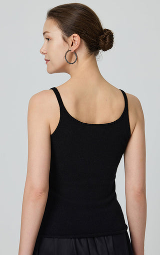 Black cashmere knit camisole back view, sleeveless scoop back with contrast trim.