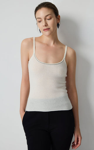 Beige cashmere knit camisole with thin straps and scoop neckline